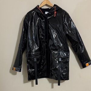 NWT Mabel Marie Black Vinyl Fleece Lined Coat Women Size L Gorpcore Streetwear